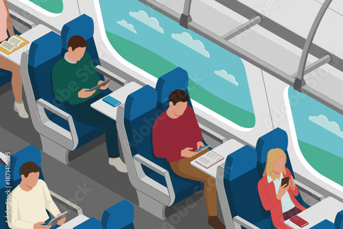 Isometric passengers traveling by train using digital tablets and reading books in comfortable seats near window with landscape view modern public transportation travel illustration for business commu