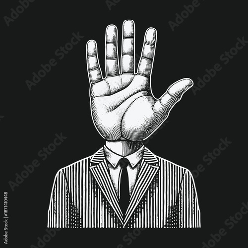 Surreal Hand-Headed Businessman in Striped Suit: A Conceptual Illustration.