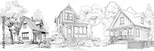 Set of Contemporary house exterior coloring page, architectural line art, realistic scale and symmetry, stock photography realism on transparent png background. Ai generated