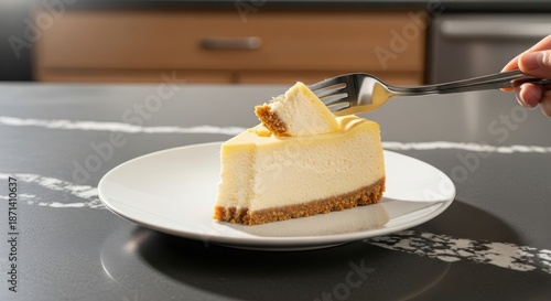 Close-up shot of a fork lifting a slice of creamy cheesecake with a cookie crust from a white plate, ready to be savored