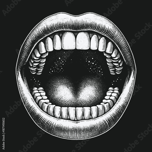 Engraved Open Mouth Illustration: A Detailed Anatomical Study in Black and White.