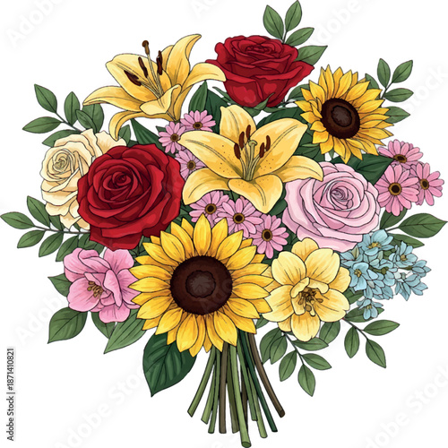 Colorful rose and sunflower bouquet flowers.