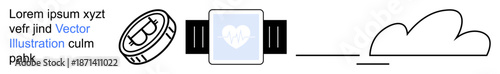 Healthcare, fitness tracking, IoT, wearable tech, data synchronization, digital health. A smartwatch with a heart monitor connected to cloud storage. Healthcare and fitness tracking concept