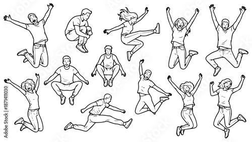 Jumping Pose Line Art Illustration Set, jumping poses, line art, mid-air, dynamic movement, celebration, human motion, action pose, expressive posture, minimalist sketch, vector illustration, jumping,