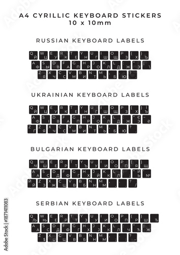 A4 Cyrillic keyboard stickers set with Russian Ukrainian Bulgarian Serbian layouts vector