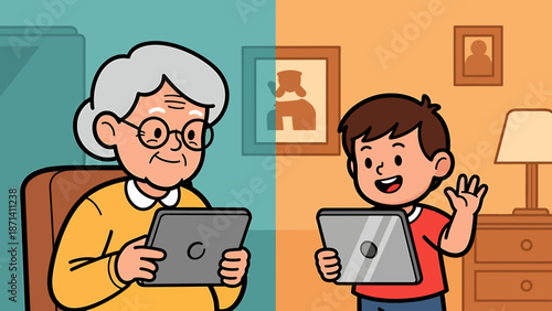 Elderly Woman and Young Boy Using Tablets.
