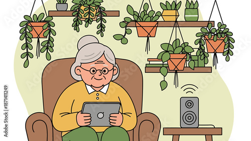 Elderly Woman Using Tablet Computer at Home.