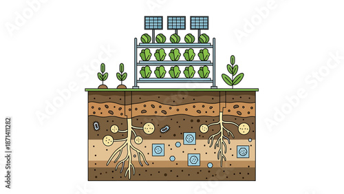 Vertical Farm with Solar Panels and Plants.