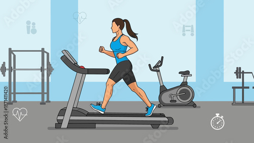 Woman exercising on a treadmill in a modern fitness center with various equipment