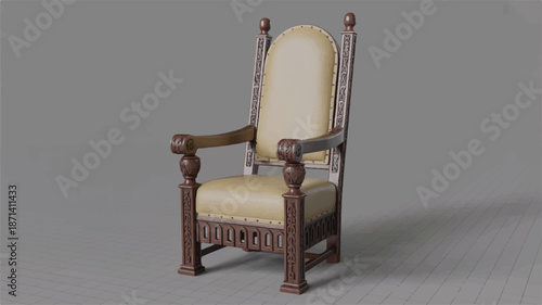 vintage wooden armchair with cream upholstery and intricate carvings on gray background
