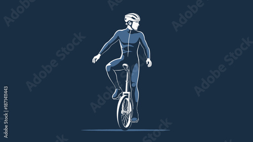 A person riding a unicycle on a dark blue background from a straightforward viewpoint.