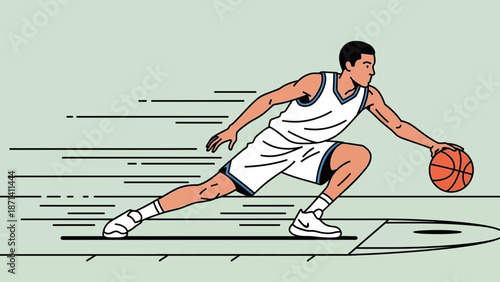 A basketball player in a white uniform dribbling on a court