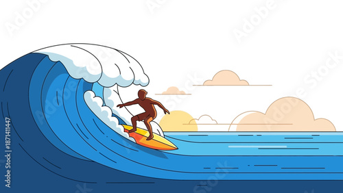 A surfer riding a massive blue wave in the ocean with clouds in the background