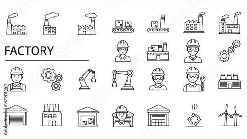 Linear factory and manufacturing web icon set with editable stroke. Includes automation, industrial plants, production, machines, and warehouse icons..eps