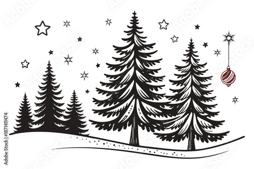 Christmas tree silhouette clipart set. Black Christmas tree drawing clip art collection in white background for xmas season pine tree flat icon decoration vector illustration.