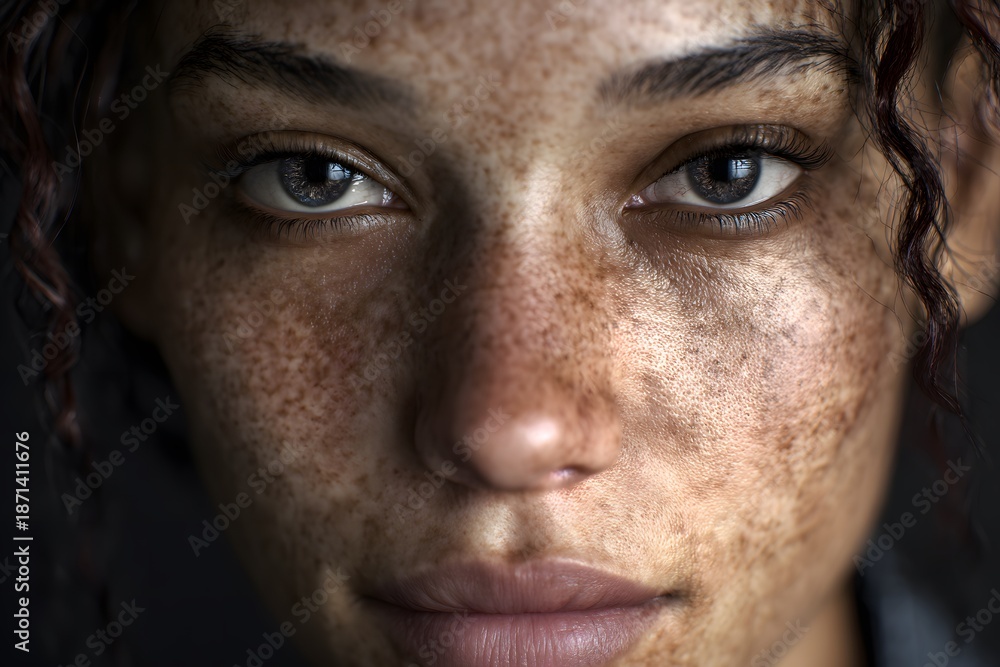 Fototapeta premium This ultra realistic portrait features a young woman with beautiful freckles and curly hair, capturing her expressive eyes and natural beauty in a soft, atmospheric setting