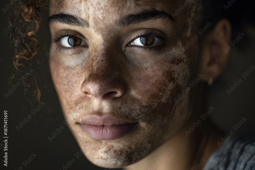 Fototapeta premium This ultra-realistic portrait captures a young woman with freckles and curly hair, highlighting her natural beauty and confidence in a softly lit atmosphere with copy space