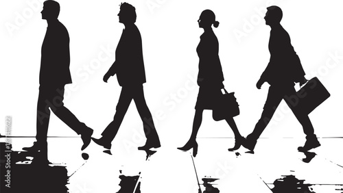 Business people walking in opposite directions, career choices and diversity concept, minimal black silhouette vector