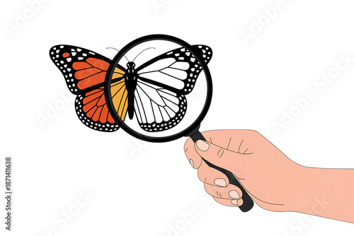 Hand holding magnifying glass over colorful butterfly