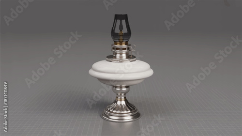 Vintage white and silver metal oil lamp with black glass chimney on gray background