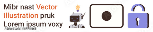 Artificial intelligence, technology security, innovation ideas, robotic design, surveillance, cybersecurity. Robot with a light bulb, a camera icon and a security lock. Artificial intelligence