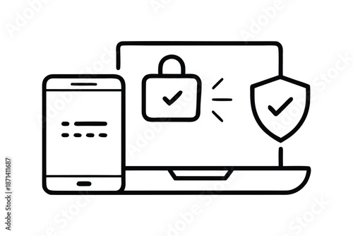 A stylized line art illustration depicts secure data transfer and privacy between mobile devices and laptops, symbolizing robust digital protection and trusted communication