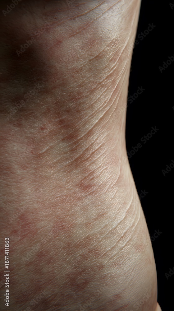 Naklejka premium Close-up view of human skin, revealing fine lines and textures, emphasizing natural beauty and imperfections under dramatic lighting, creating an intimate atmosphere