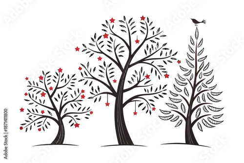 Christmas tree silhouette clipart set. Black Christmas tree drawing clip art collection in white background for xmas season pine tree flat icon decoration vector illustration.