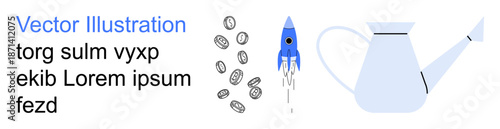 Startups, innovation, growth, personal finance, savings, investment. Rocket launching, coins scattered watering can. Startups and growth by a rocket and watering can imagery