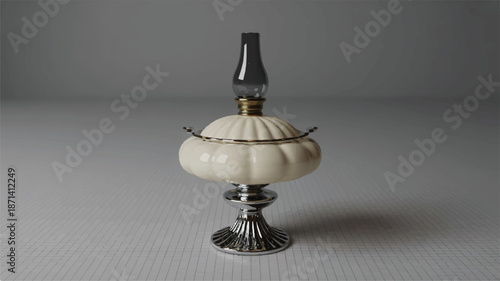 vintagestyle kerosene lamp with white shade and metal base standing alone