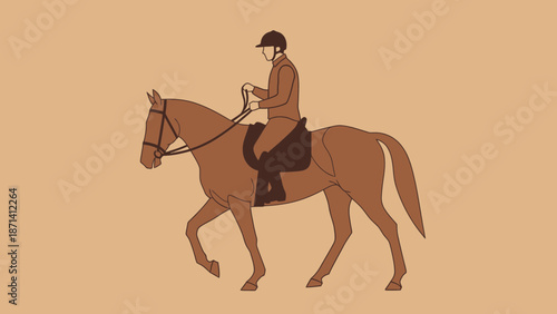 A rider on a horse in a gentle trot against a plain background