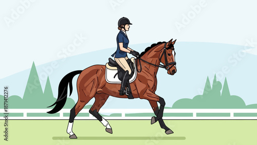 Woman Riding Brown Horse on Green Field with White Fence and Trees in Background