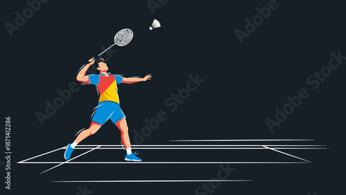 A male badminton player in action, hitting a shuttlecock on an indoor court from a dynamic viewpoint