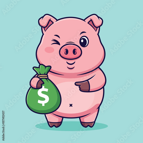 Cute Pig Holding Money Bag Winking Cartoon Illustration.