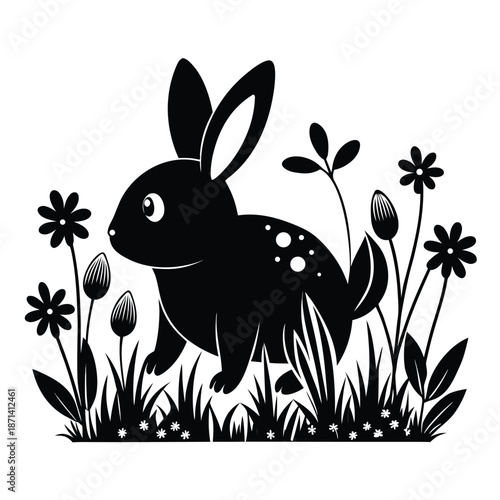 Chubby bunny silhouette hopping through tall grass at sunrise