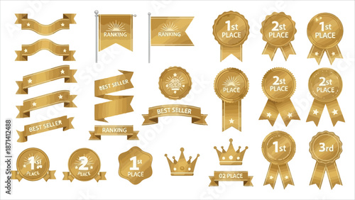 Number one award icons. Vector set with crowns, ribbons, medals, and ranking numbers 1–3 for contests and games..