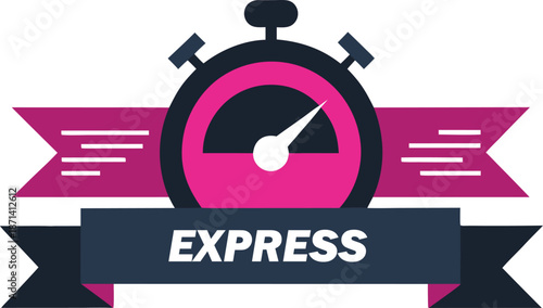 This graphic image features a high contrast design illustrating a stylized stopwatch icon with a vibrant ribbon banner, symbolizing speed, efficiency, and fast delivery for various services