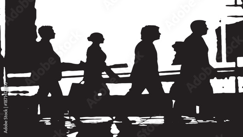 Row of walking business people in suits, forward motion concept, success and progress theme, simple silhouette vector, stock-ready