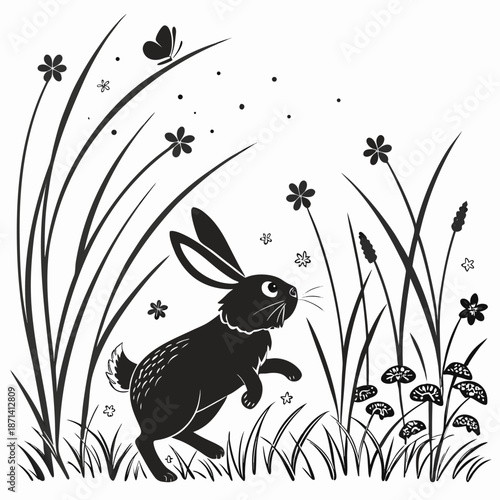 Chubby bunny silhouette hopping through tall grass at sunrise