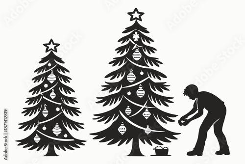 Christmas tree silhouette clipart set. Black Christmas tree drawing clip art collection in white background for xmas season pine tree flat icon decoration vector illustration.