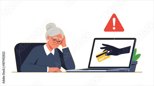 Online scam illustration. Hacker stealing a senior woman’s credit card..