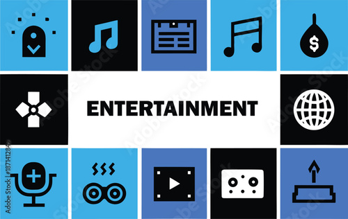 Entertainment Icons and Symbols Representing Various Forms of Leisure and Media
