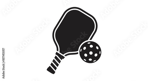 A simple black and white illustration depicts a pickleball paddle and a perforated ball