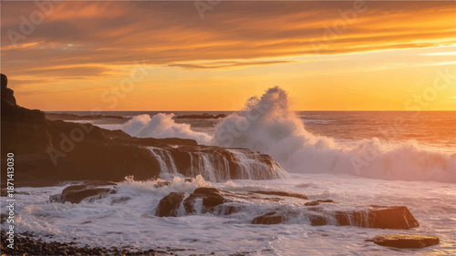 waves crashing on rocks at sunset by the ocean shore