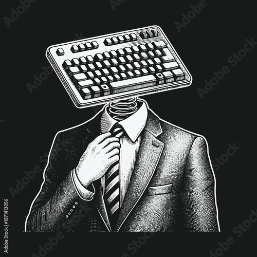 The Keyboard Head: A Conceptual Illustration of Modern Technology and Business.