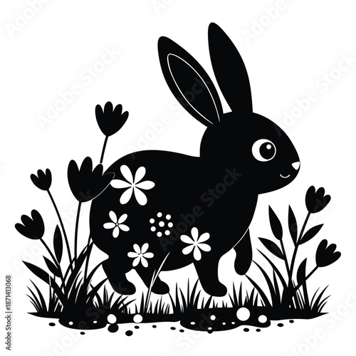 Chubby bunny silhouette hopping through tall grass at sunrise