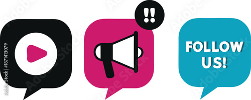 Social media notification icons play button, megaphone, and follow us speech bubble