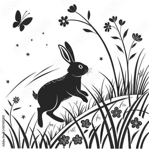 Chubby bunny silhouette hopping through tall grass at sunrise