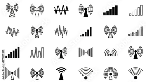 Large collection of various wireless signal, antenna, and broadcast icons on an isolated white background.