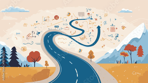 Winding Road Through Mountains and Autumn Trees with Symbolic Icons and Arrows